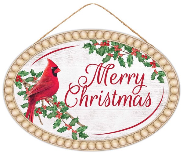 AP7337 13"L x 9"H Merry Christmas/Cardinal Sign White/Red/Green