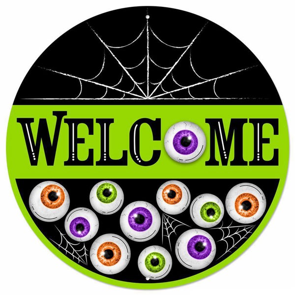 MD1370 12"Dia Metal Welcome W/Eyeballs Sign Black/White/Orange