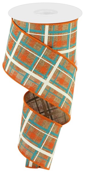RGC1541F2 2.5" x 10yd Printed Plaid/Royal Tan/Dk Orng/Turq/Lt Nat