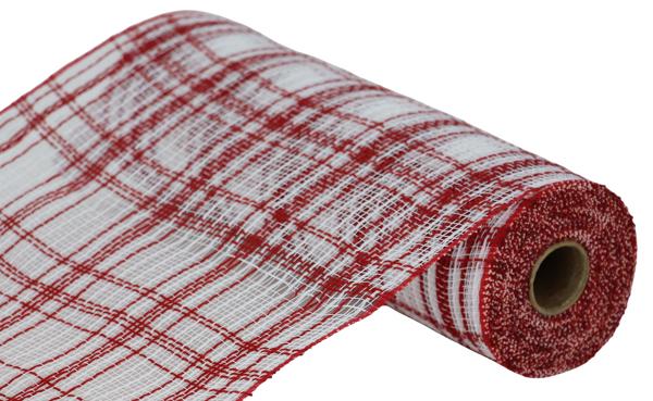 RY834549 10.25" x 10yd Farmhse Plaid Faux Jute Mesh Red/White