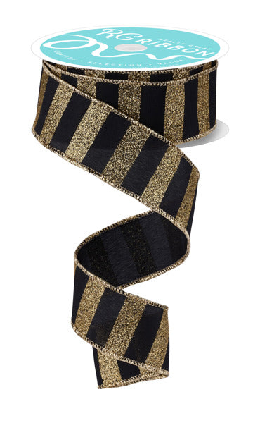 RGF196686 1.5" x 10yd Horizontal Glitter Stripes Black/Gold