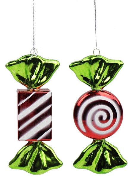 XY9248XT 6”L Candy Ornament Shiny Red/Lime/White Circle/Rectangle