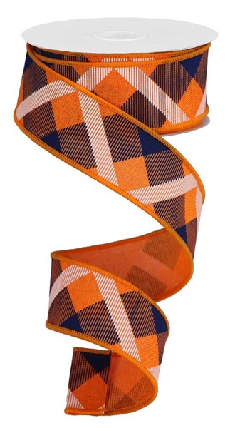 RG01682CF 1.5" x 10yd Printed Plaid On Royal Orange/Navy Blue/White