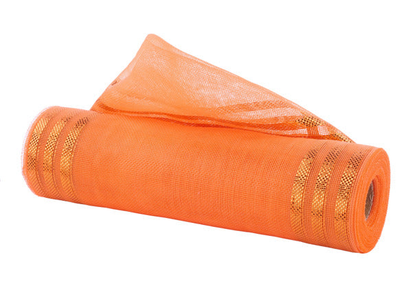 RY501120 10.25" x 10yd Fine Weave Border Strp Mesh Orange W/Orange Foil