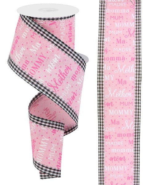 RG0894515 2.5" x 10yd Mom Pattern W/Gingham Edge Lt Pink/Pink/White/Black