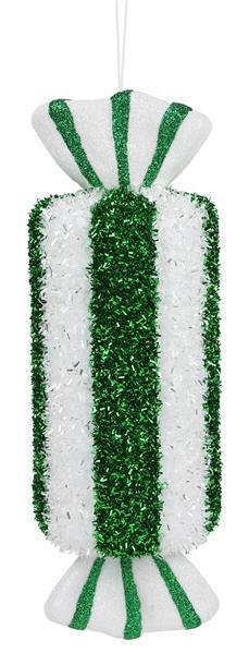 XJ448639 11"Lx4"Dia Striped Candy Ornament Emerald/White