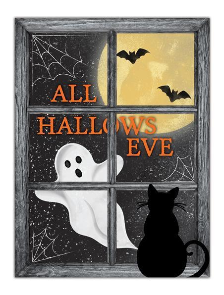 MD1247 12.75"H x 9.5"L Hallows Eve Window Sign Black/White/Orange/Yellow