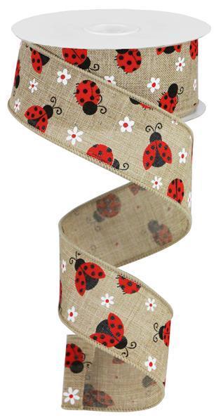 RGA162201 1.5" x 10yd Mini Ladybugs On Royal Lt Beige/Red/White
