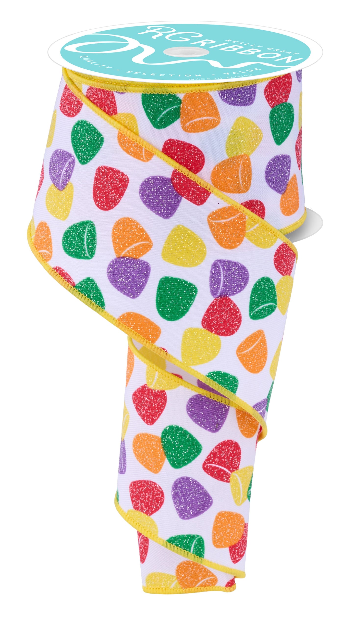 RGF1631RT 2.5" x 10yd Gumdrops Ribbon – White/Yellow/Red/Green/Orange – Wired Ribbon