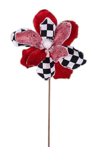 XS7186 23"L x 9"Dia Velvet/Check Magnolia Stem Blk/Wht/Red/Gld