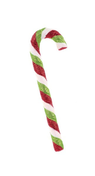 XC113192 10"L Glitter Candy Cane Orn Red/White/Lime