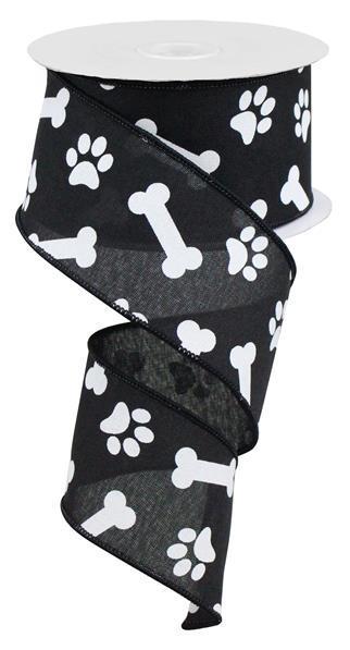 RGA115102 2.5"X10yd Paw Print/Bones On Royal Black/White