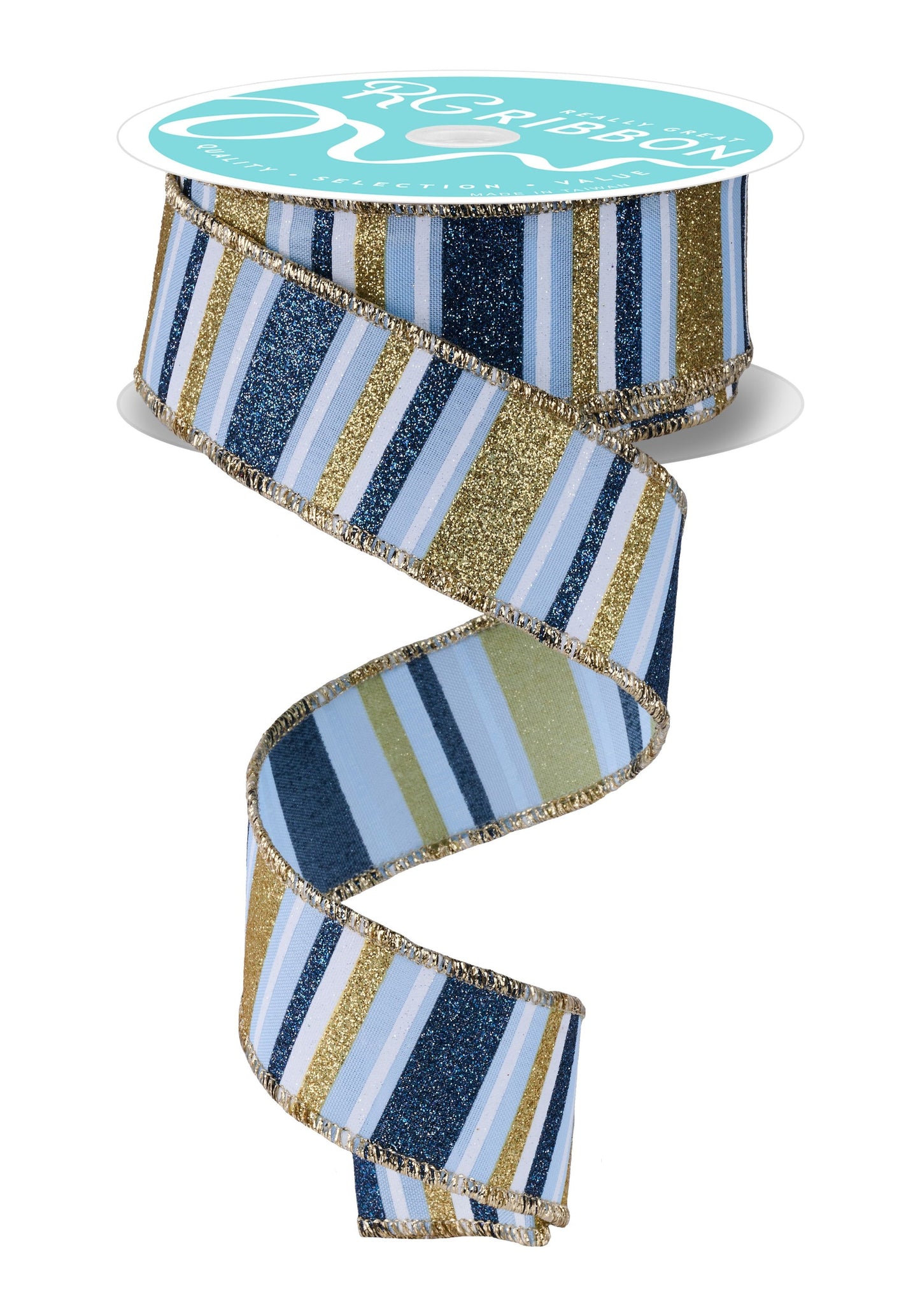 RGF191814 1.5" x 10yd Horizontal Stripe Lt Blue/Smk Blue/Gld/Wht