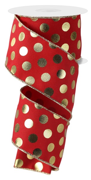 RGE166236 2.5" x 10yd Metallic Polka Dots Red/Gold