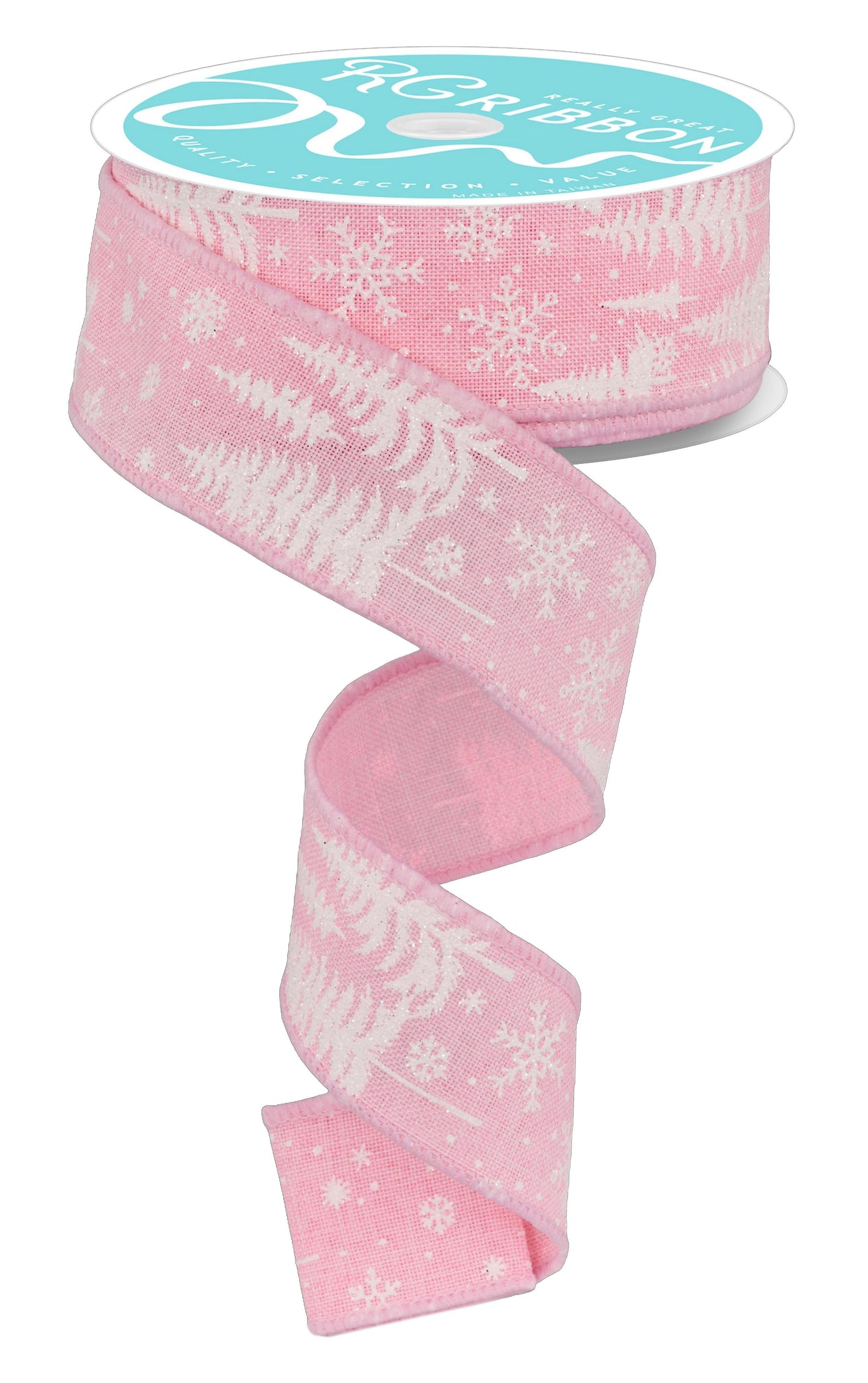 RGF123715 1.5" x 10yd Pine Trees & Snowflakes Ribbon – Light Pink/White – Winter Wired Ribbon