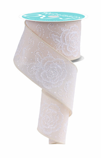 RGF160530 2.5" x 10yd Raised Roses Cream/White