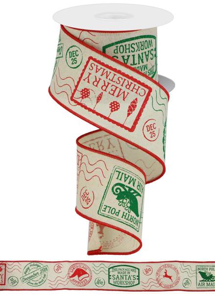 RGA133764 2.5" x 10yd Christmas Stamps/Royal Cream/Red/Emerald