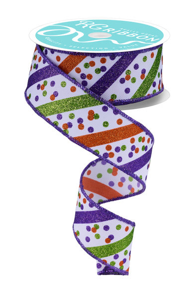 RGF1992ES 1.5" x 10yd Glitter Stripe W/Confetti Dots White/Purple/Lime/Orange