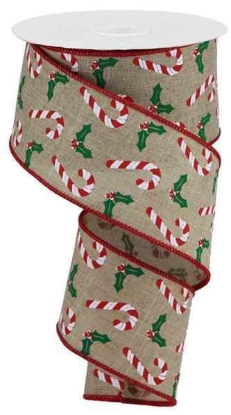 RGB114401 2.5" x 10yd Candy Canes/Holly On Royal Lt Beige/Wht/Red/Emerald