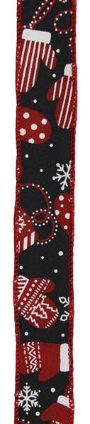 RGE196302 1.5" x 10yd Christmas Mittens Black/Red/White