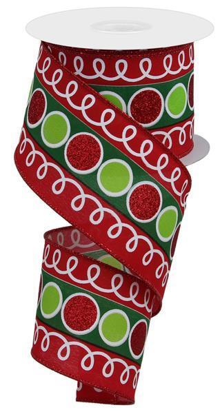 RGE10689H 2.5" x 10yd Stripe Glitter Circle W/Loops White/Red/Emerald/Lime