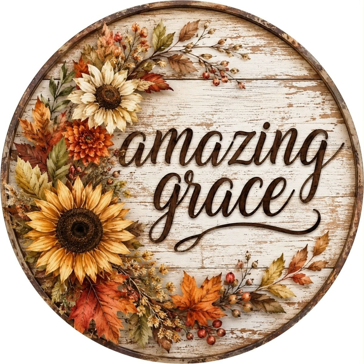 CUS2569-L 18" Round MDF Amazing Grace Fall Flowers Sign W/Rope