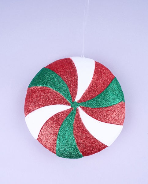 XC1153CA 6"Dia Glitter Peppermint Candy Ornament Red/Emerald Green/ White