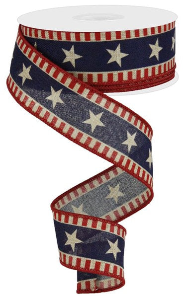 RG01720R2 1.5"X10yd Bold Star and Stripes Royal Burlap Light Beige/Red/Blue