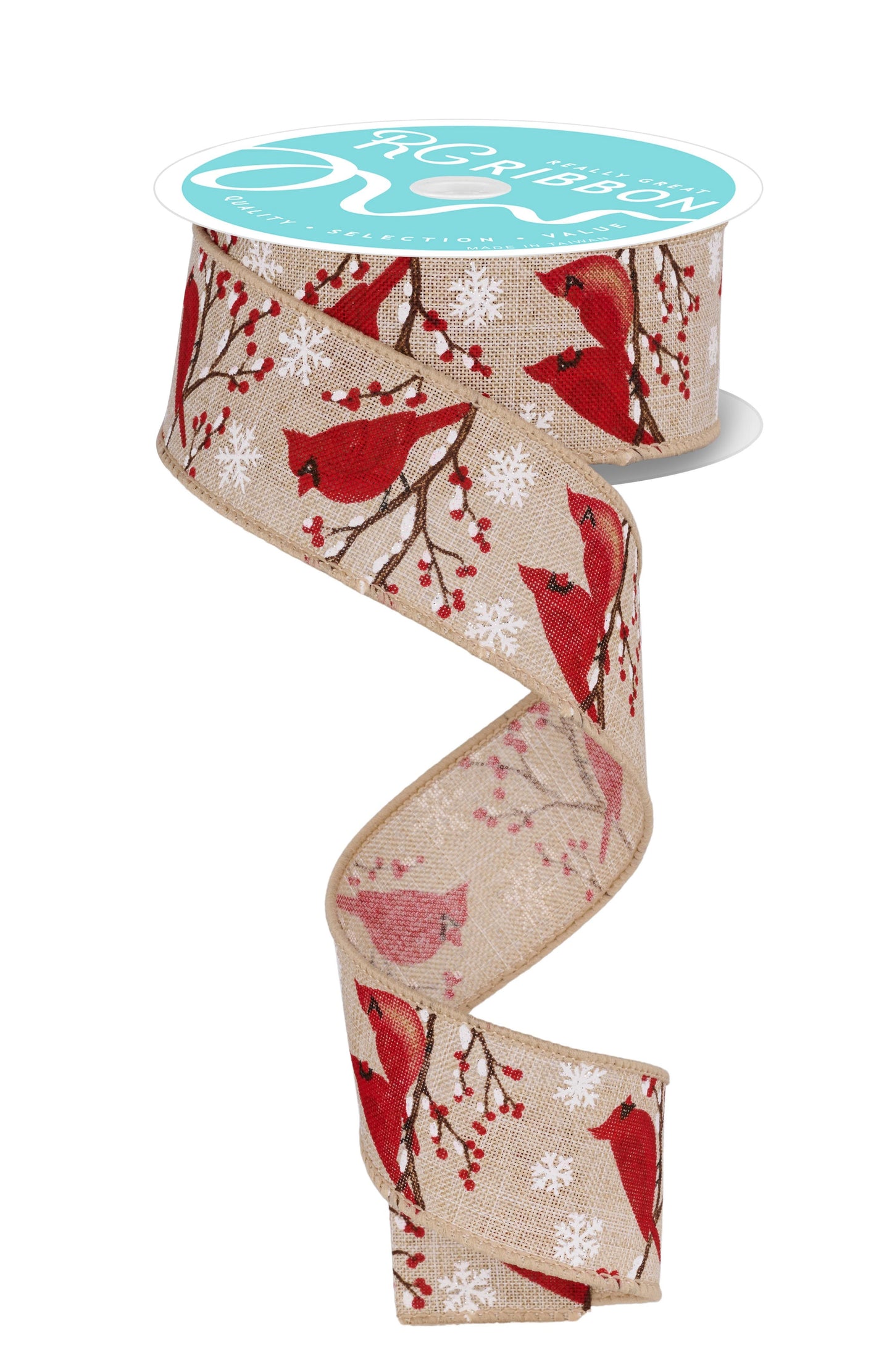 RGF136018 1.5" x 10yd Cardinal/Snowflake/Berry Ribbon – Lt Natural/Multi – Wired Ribbon