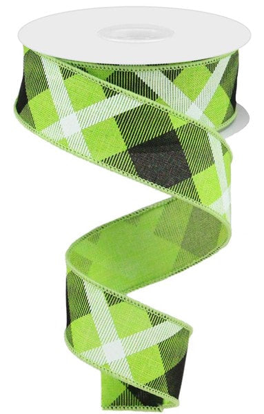 RG01682E9 1.5" X 10Yd Printed Plaid On Royal Lime/Black/White