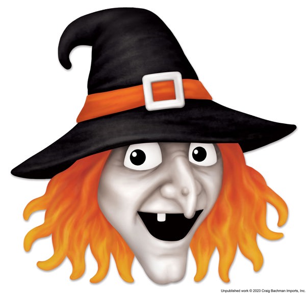 MD1379A2 12.25"L x 12"H Metal/Embossed Witch Head Yellow/Orange/Grey/Black