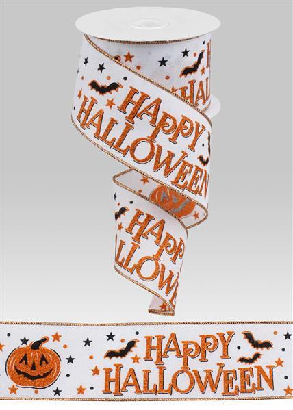 RGA117927 2.5" x 10yd Happy Halloween On Royal White/Orange/Black
