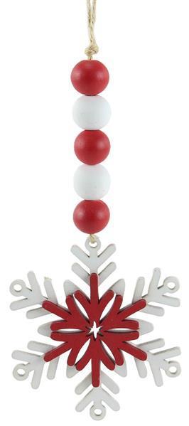 XA118324 8" Wood Bead/Snowflake Ornament Red/White