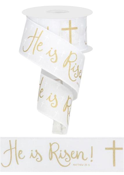 RGA113492 2.5" x 10yd He Is Risen On Royal White/Gold