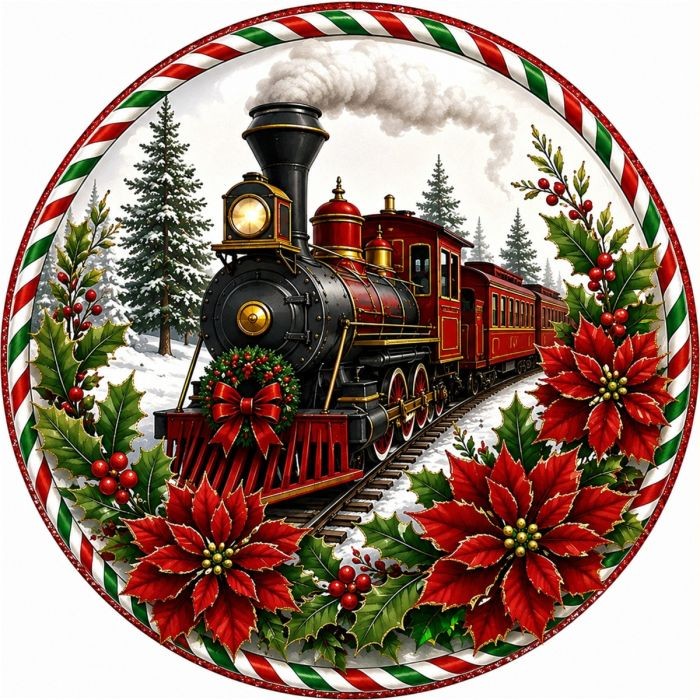 CUS2578L 18" Round MDF Christmas Train Sign
