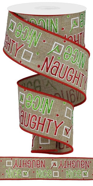 RGA134501 2.5" x 10yd Naughty Or Nice On Royal Lt Beige/Green/Red/White