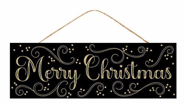 AP787202 15"L x 5"H Merry Christmas/Swirls Sign Black/Gold