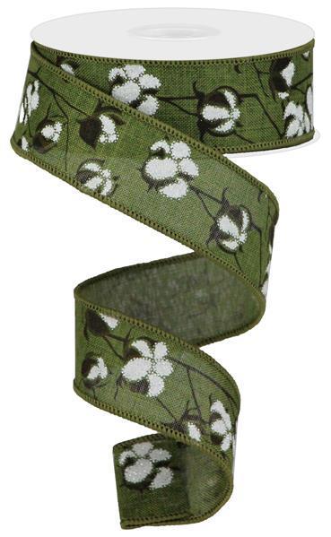RG0180852 1.5" x 10yd Cotton Pods On Royal Moss Green/Brown/White