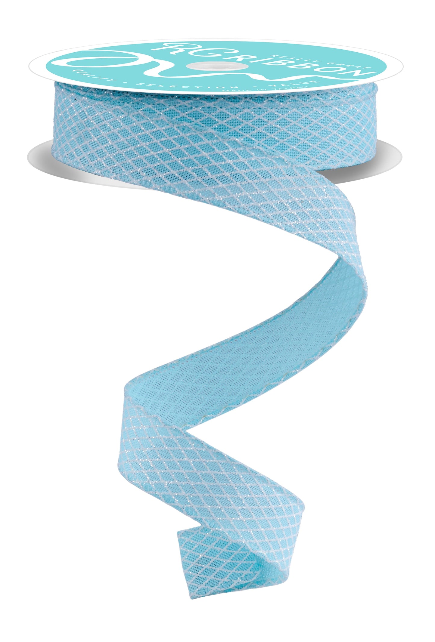 RGF7695H1 7/8" x 10yd Mini Harlequin Ribbon – Ice Blue/White – Wired Ribbon