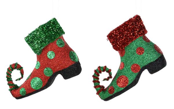 XJ5191 8.75"L x 6.25"H Elf Shoe Ornament Emrd/Red, Red/Emrd
