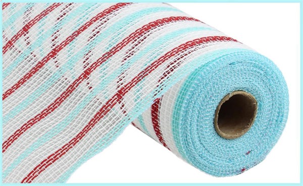 RY8338R6 10.25" x 10yd Faux Jute Stripe Mesh White/Red/Ice Blue