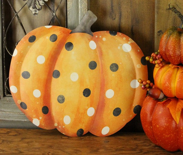 MD076439 12"L Orange Metal/Embd Polka Dot Pumpkin Orange/Black/White