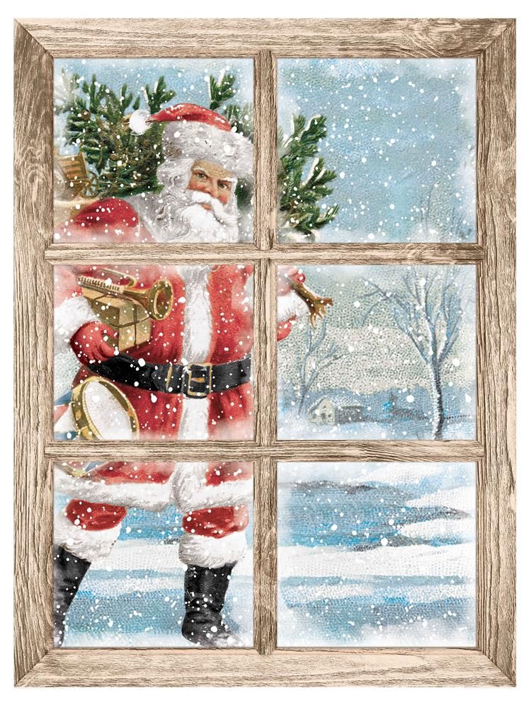 MD1490 19"H x 14.25"L Vintage Santa Window Sign – White/Red/Light Blue