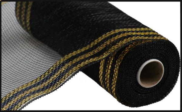 RE8503F8 10" x 10yd Border Stripe Metallic Mesh Black/18K Gold