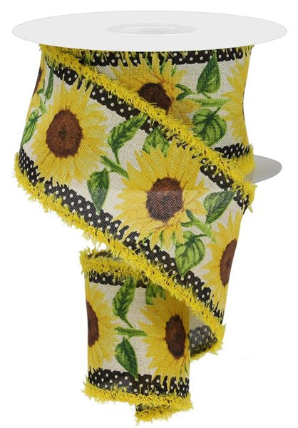 RGA8524C2 2.5" x 10yd Sunflowers W/Polka Dots/Drift Cream/Yellow/Brown/Green