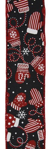 RGE196402 2.5" x 10yd Christmas Mittens Black/Red/White