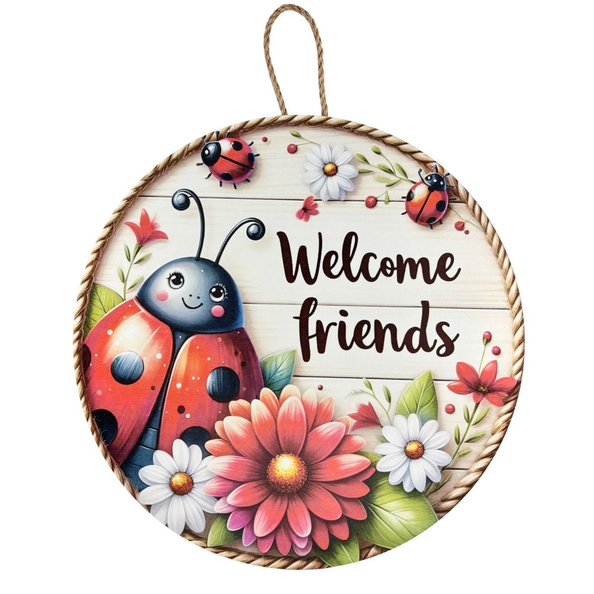 CUS2506 18" Round MDF Lady Bugs Welcome Friends Sign