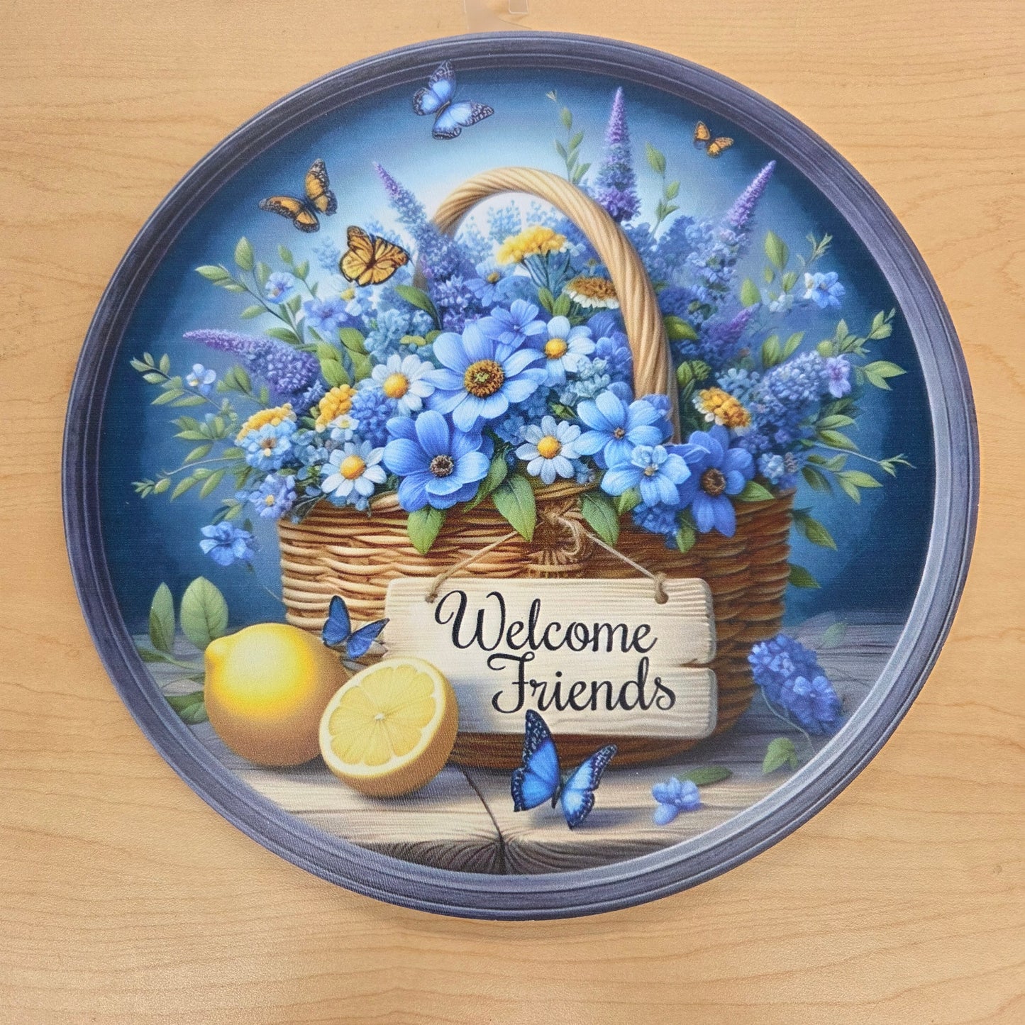 CUS2391S Blue Floral Lemons Welcome Sign 12" Circle