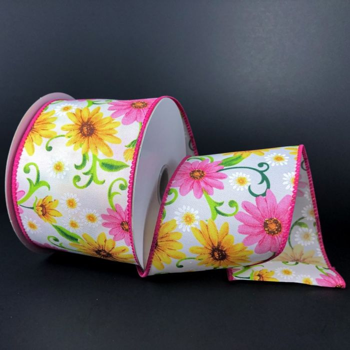 RJ18640-28 2.5" X 10YD WIRED SATIN DAISES RIBBON White/Pin/Yellow