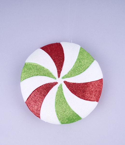 XC115292 6"Dia Glitter Peppermint Candy Ornament Red/White/Lime Green